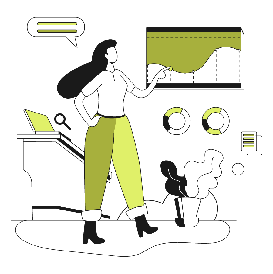 vector image of woman pointing at a line graph in office